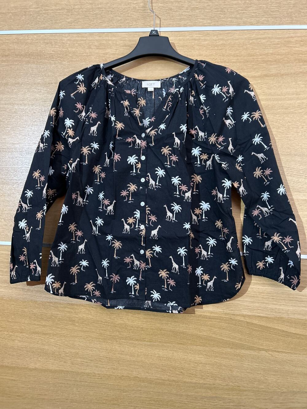 Loft long sleeve palm tree Black tunic top - womens sz S - 100% cotton